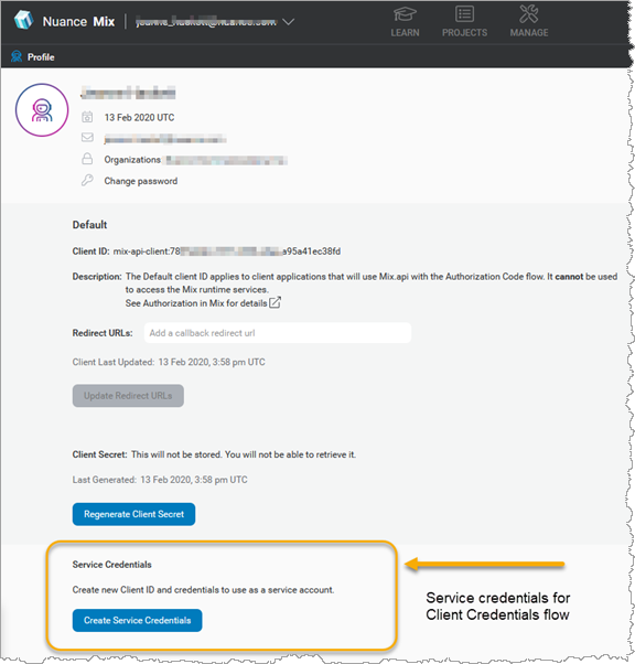 Generate service credentials for Mix.api