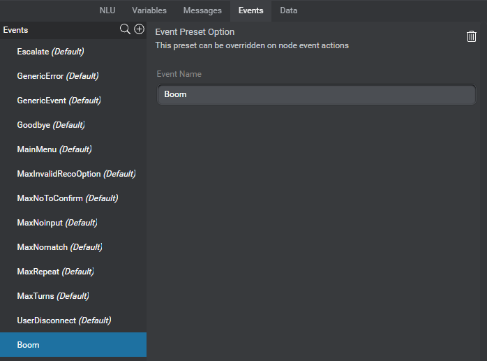 Events resource panel example showing all predefined events and one custom event.