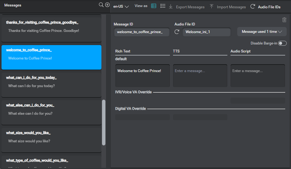 Messages resource panel example, table view
