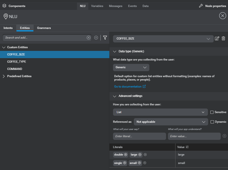 NLU resource panel, Entities tab example.