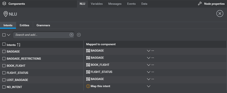 NLU resource panel, Intents tab example.
