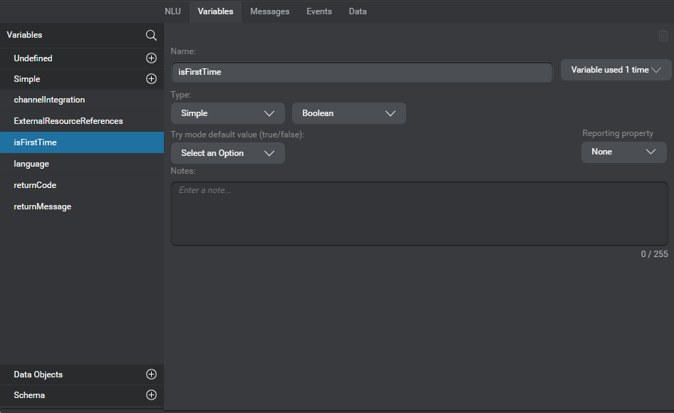 Variables resource panel example showing predefined variables and one custom Boolean variable