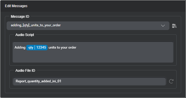 Example of dynamic message as it appears in the Message editor of Mix.dialog