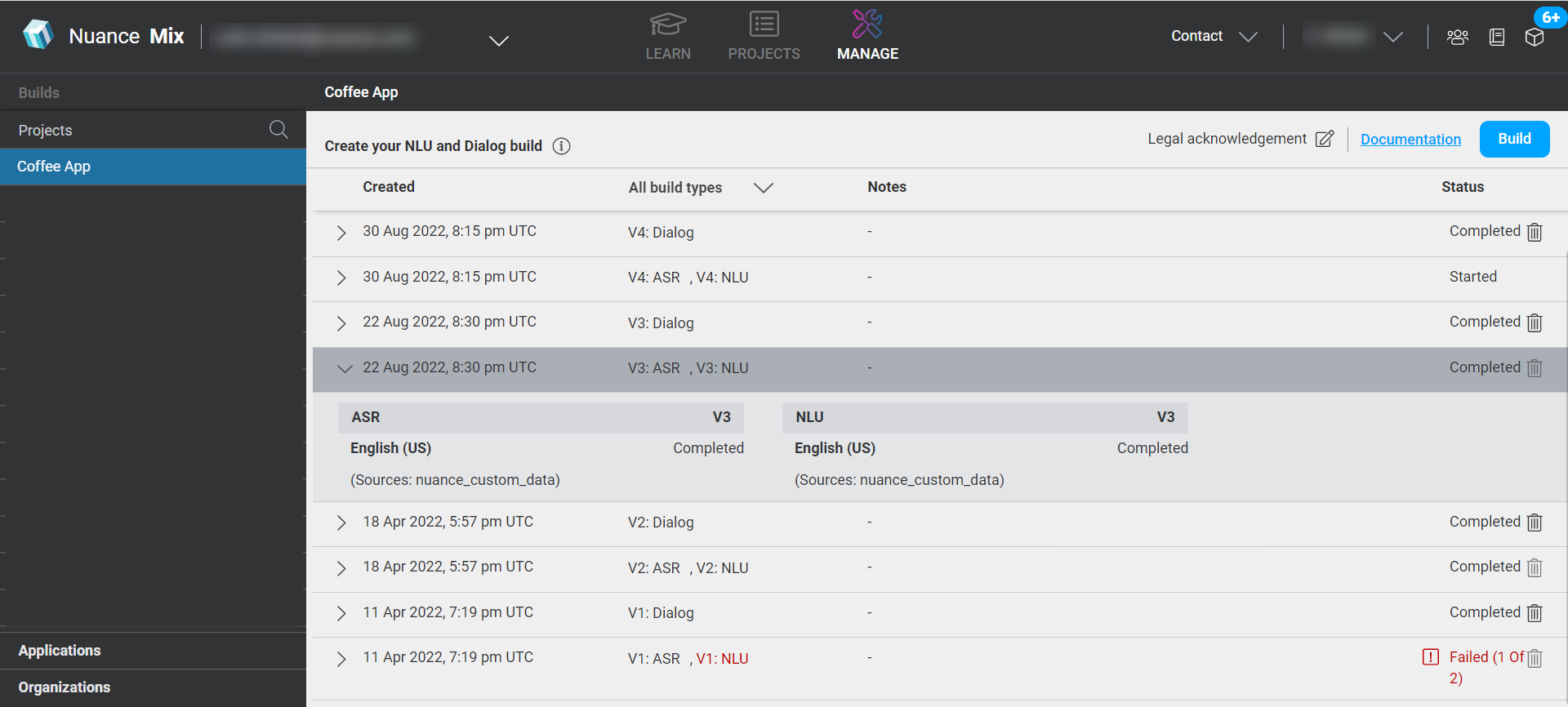 Sample list of project builds