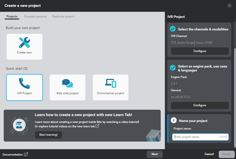 create project modal window quick start
