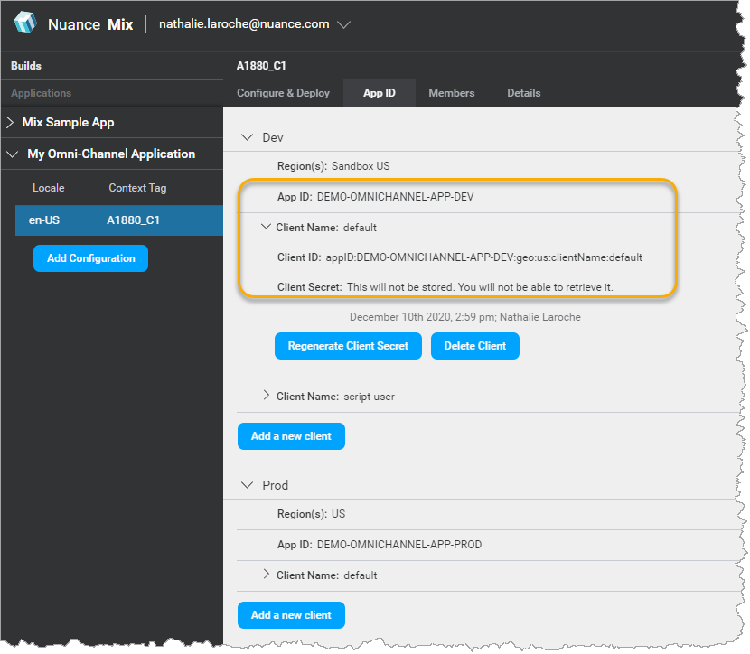 Example of credentials in the Manage tab.